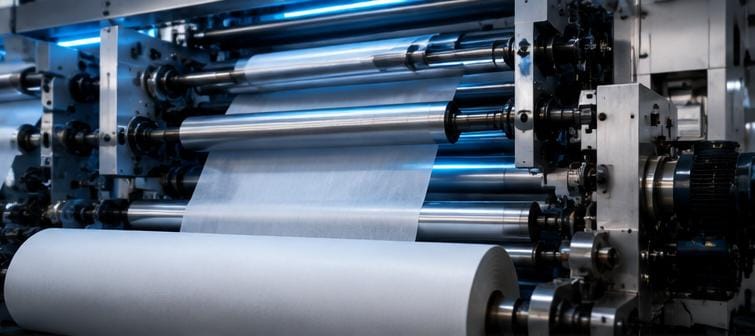 Calibrated production run of interlining fabric on the factory floor