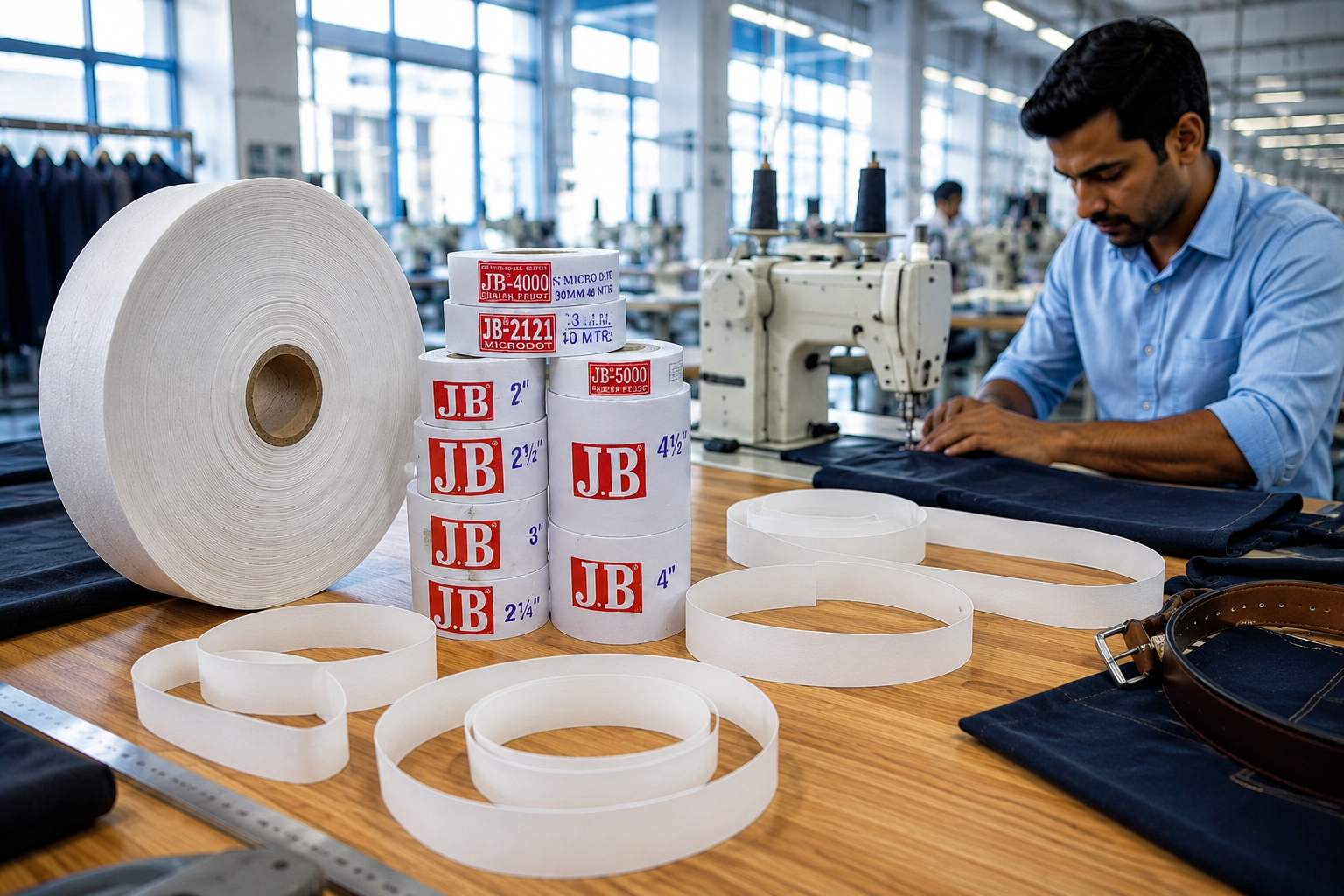 Firm-bodied belt roll and placket interlining fabric with stable, consistent edges