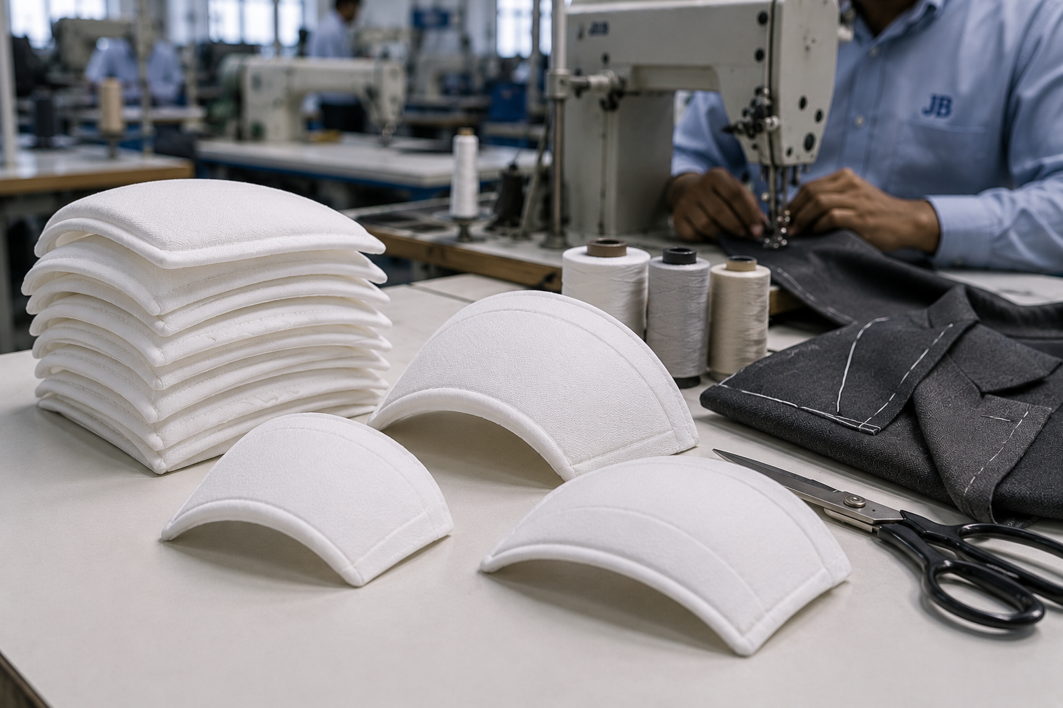 Close view of moulded shoulder pad structure and fabric cover